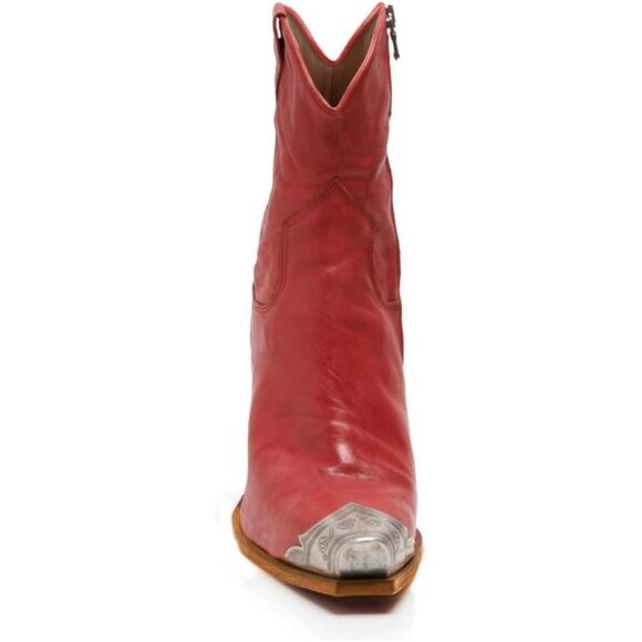 Women's Red Faux Leather Steel Toe Side Zipper Block Heel Western Ankle Boots - Picture 4 of 7